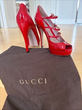 Gucci Red Patent Triple-Strap Peep-Toe Stilettos